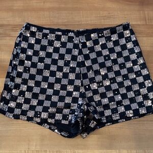 Vici Black and Gold Sequin Checkered High Waist Shorts